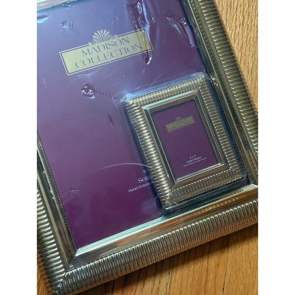 Madison Collection Solid Brass Ribbed Picture Frame Set 8x10 and 2x3 Gold Tone